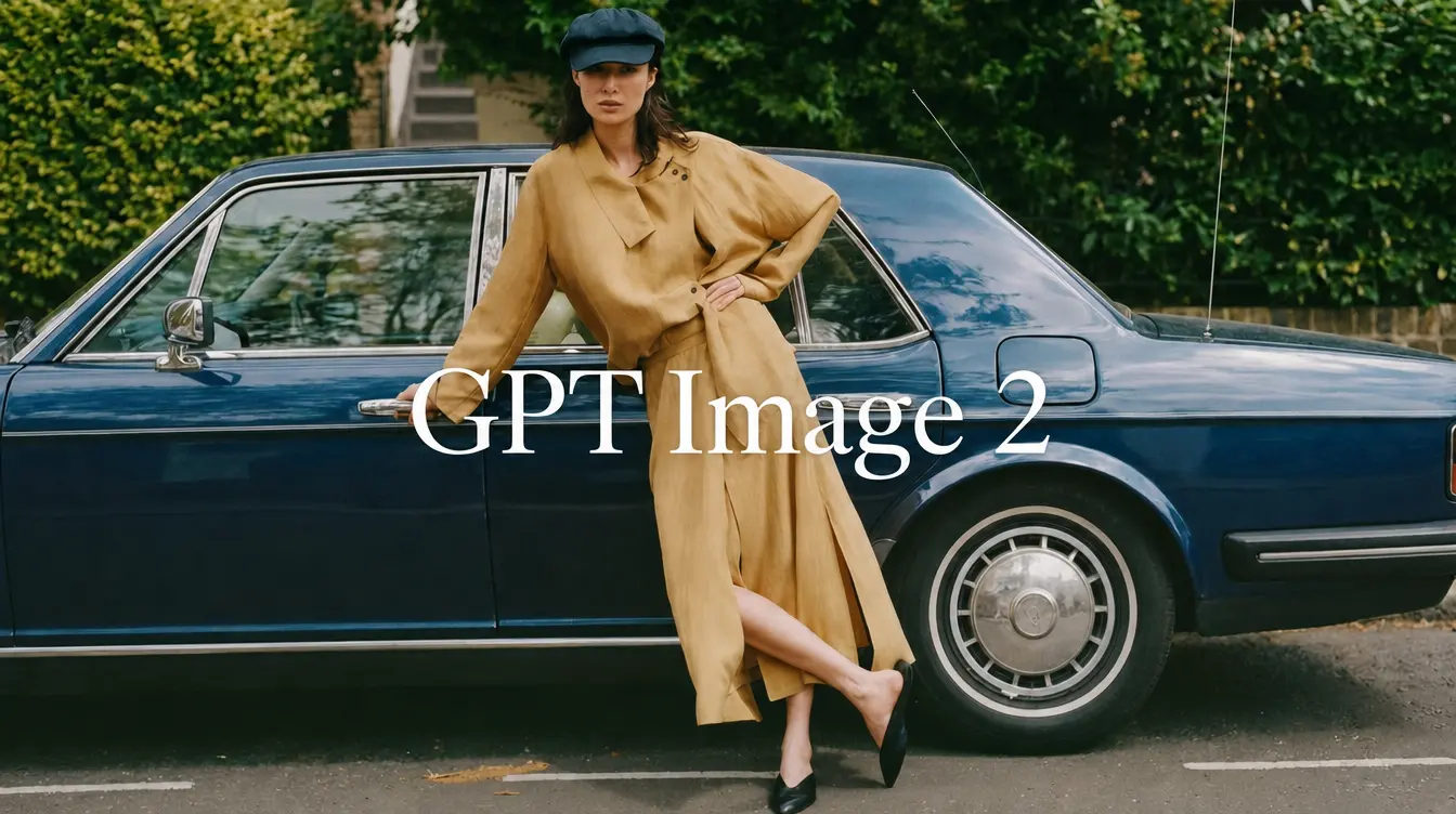 Fotorealistisch modebeeld van een vrouw bij een klassieke auto met de tekst GPT Image 2 in beeld, gemaakt met GPT Image 2.