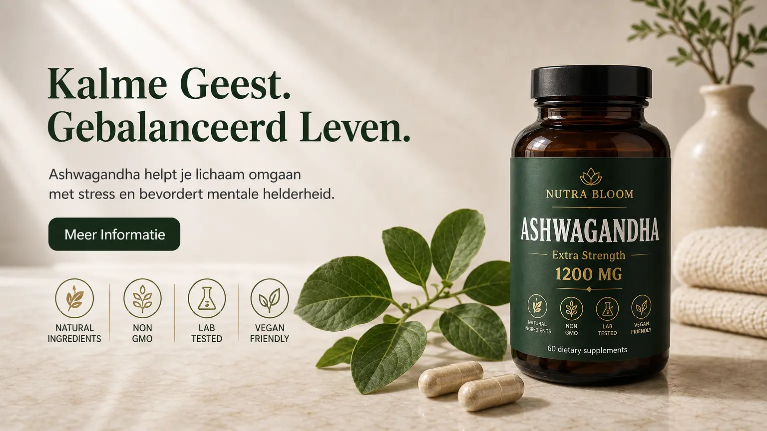 Advertentiebeeld van een supplementenpot met volledig leesbaar Nederlands etiket en de kop Kalme Geest, Gebalanceerd Leven, gemaakt met GPT Image 2.