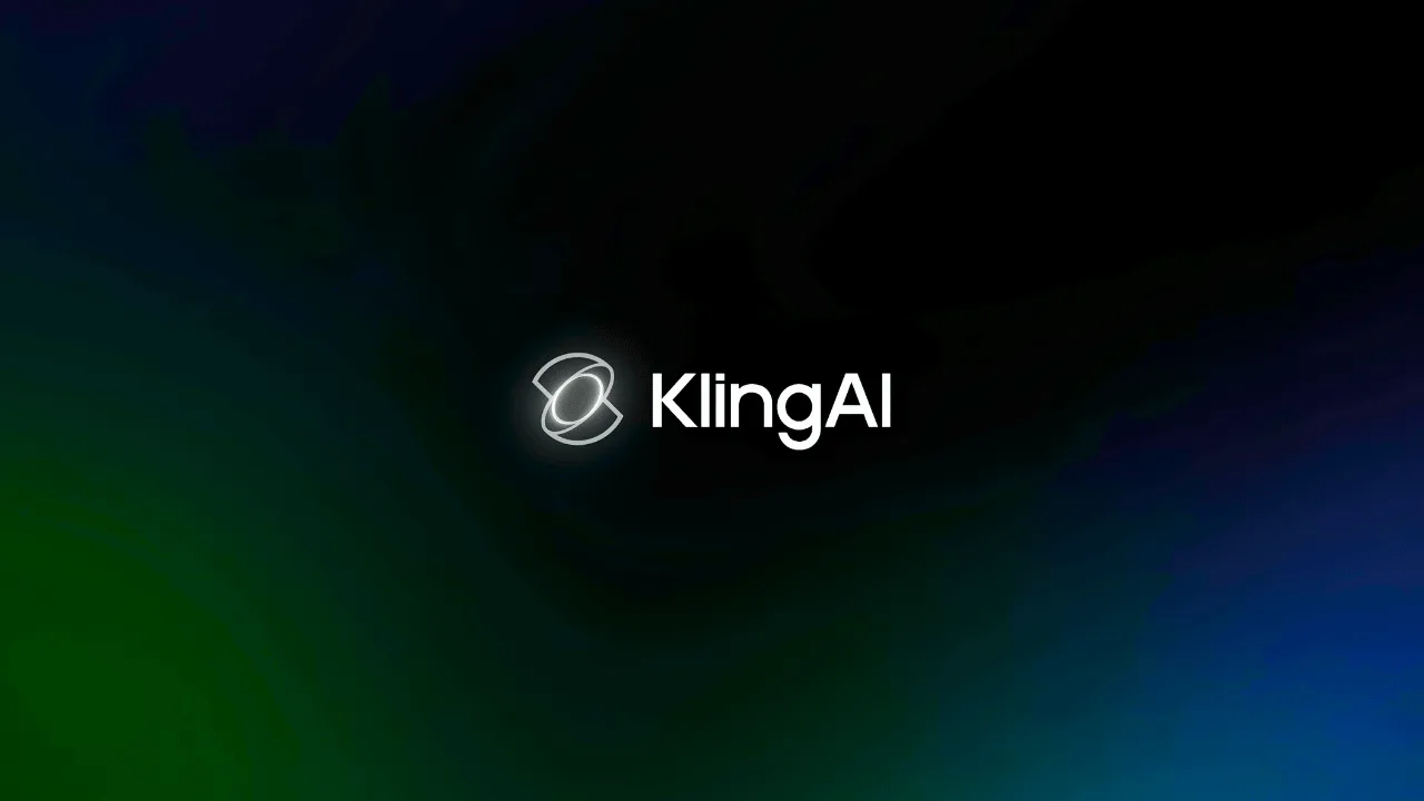 Het Kling AI logo op een donkere achtergrond met groene en blauwe gloed.