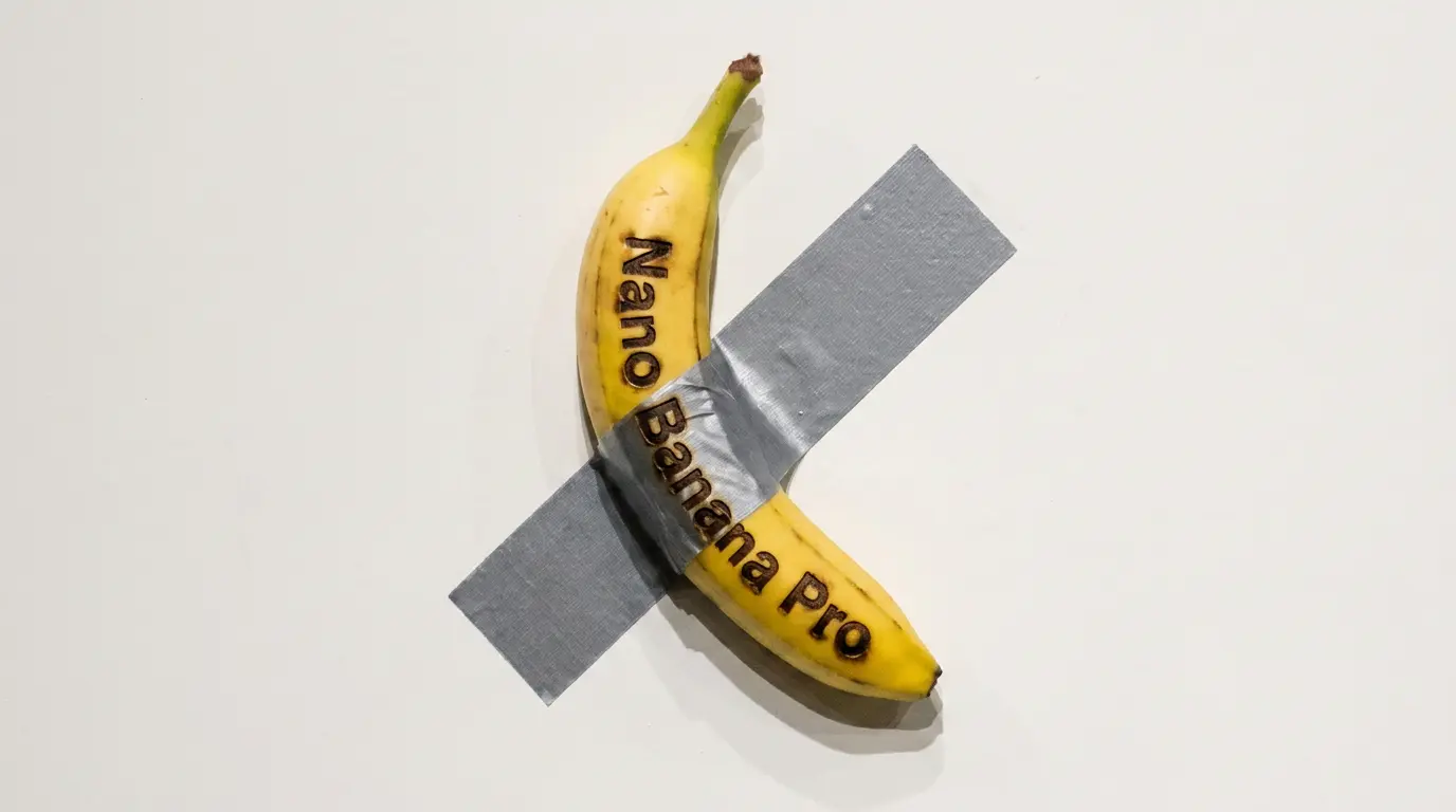 Banaan met duct tape aan de muur, met de tekst Nano Banana Pro erop gebrand.