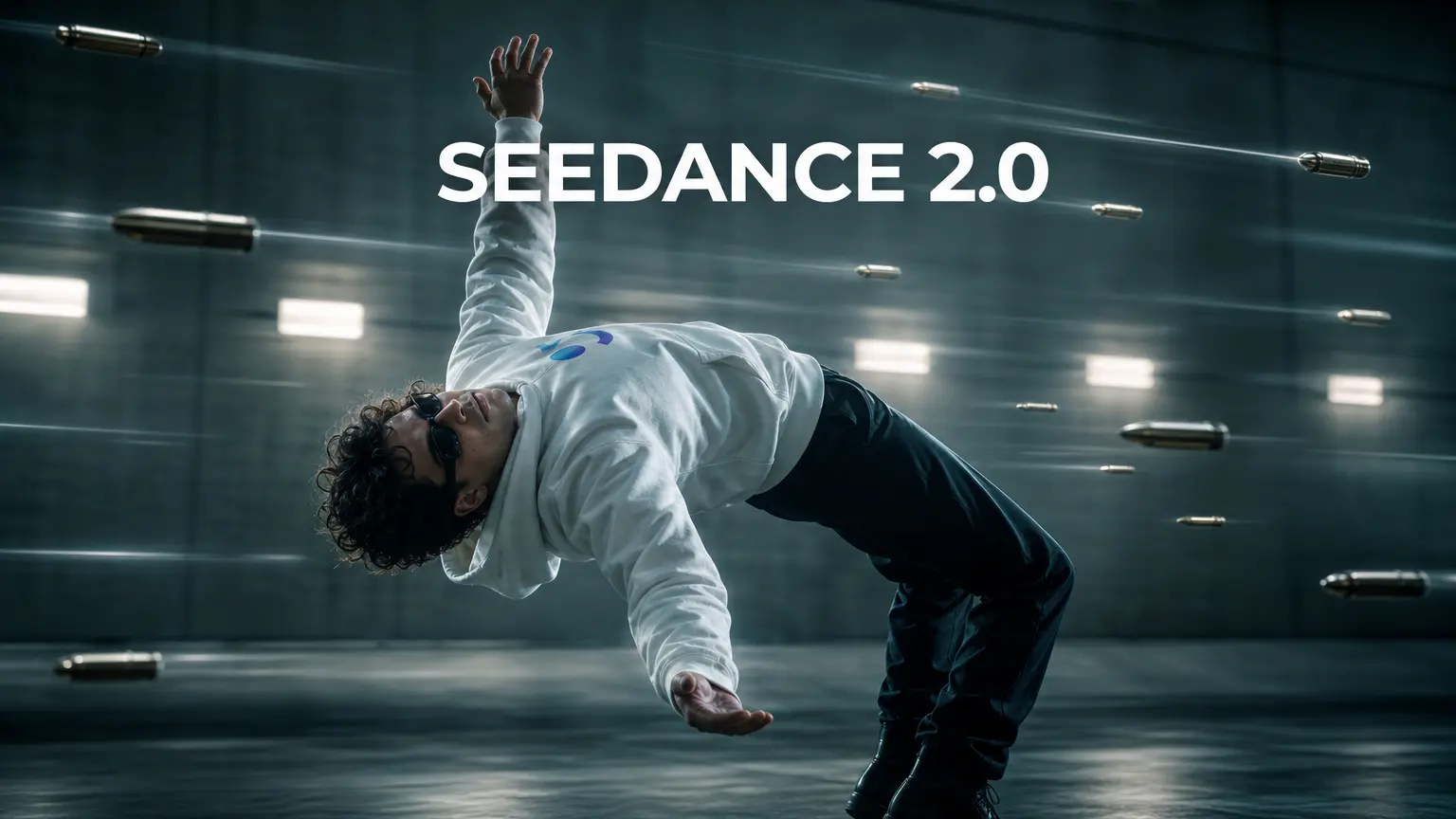 Man in witte hoodie buigt achterover terwijl kogels in slow motion langs hem vliegen, gemaakt met Seedance 2.0.