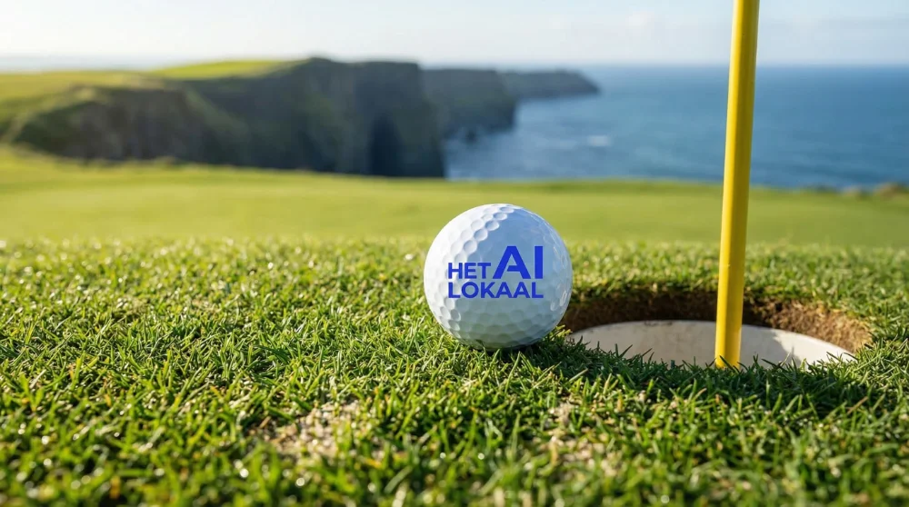 Golfbal met Het AI Lokaal logo naast de hole op een golfbaan aan de kust, gegenereerd met Seedream 5.0.