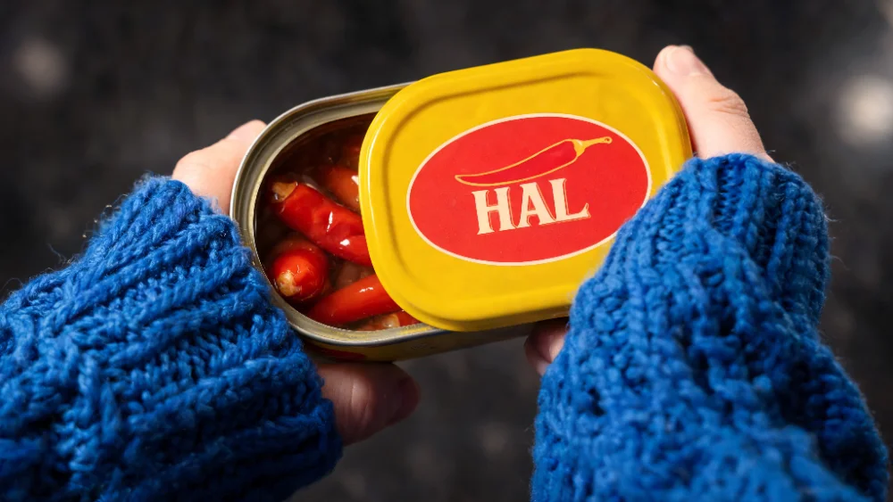 Handen in een blauwe gebreide trui houden een geopend geel HAL blikje met rode pepers vast, productbeeld gegenereerd met Seedream 5.0.