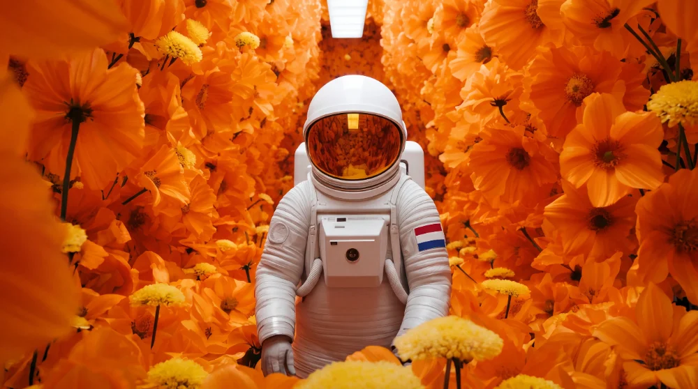 Astronaut in een tunnel van oranje bloemen, dromerig conceptbeeld gemaakt met Seedream 5.0.