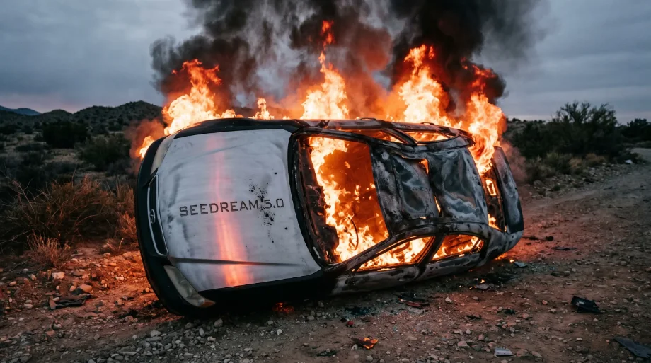 Omgeslagen brandende auto in een woestijnlandschap met de tekst Seedream 5.0 op de carrosserie, fotorealistisch beeld gemaakt met Seedream 5.0.