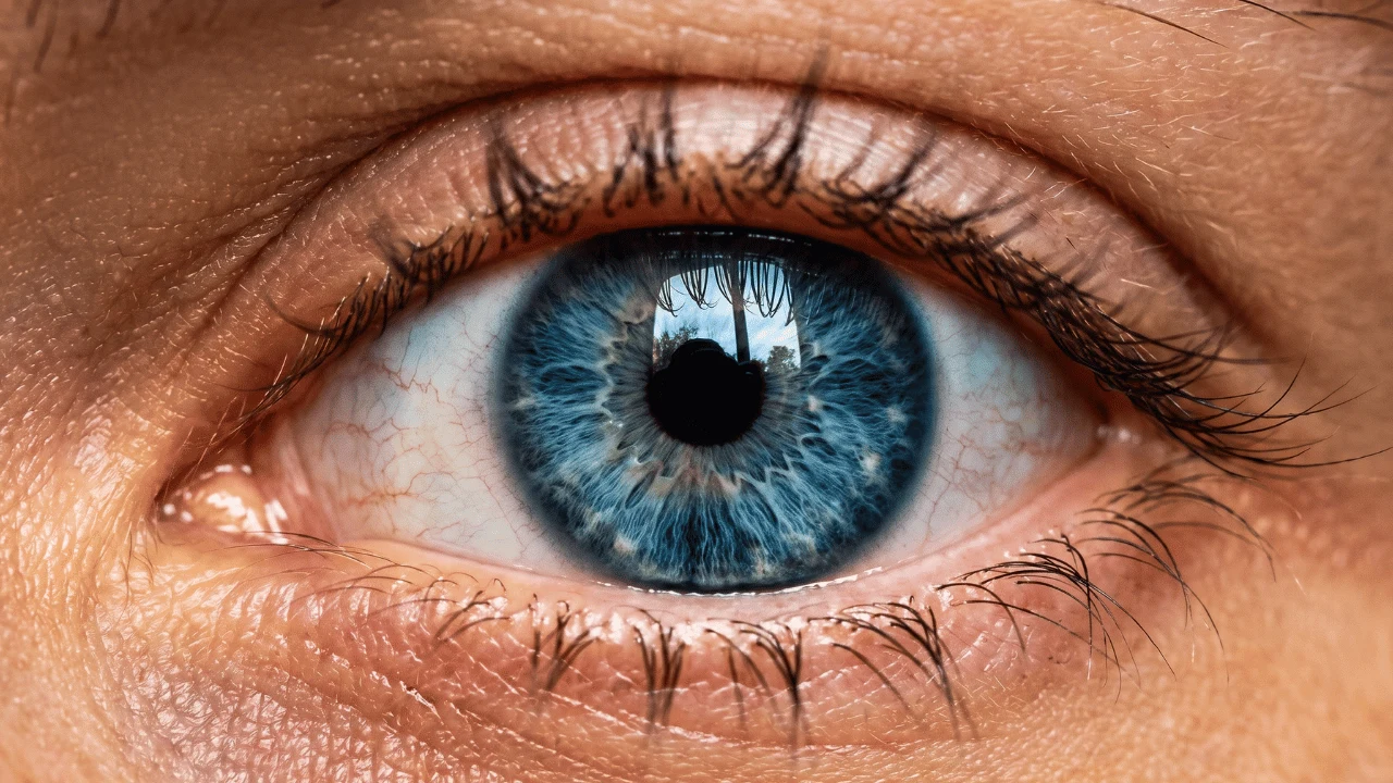 Haarscherpe macrofoto van hetzelfde blauwe oog na Topaz Upscale, met zichtbaar detail in iris en wimpers.